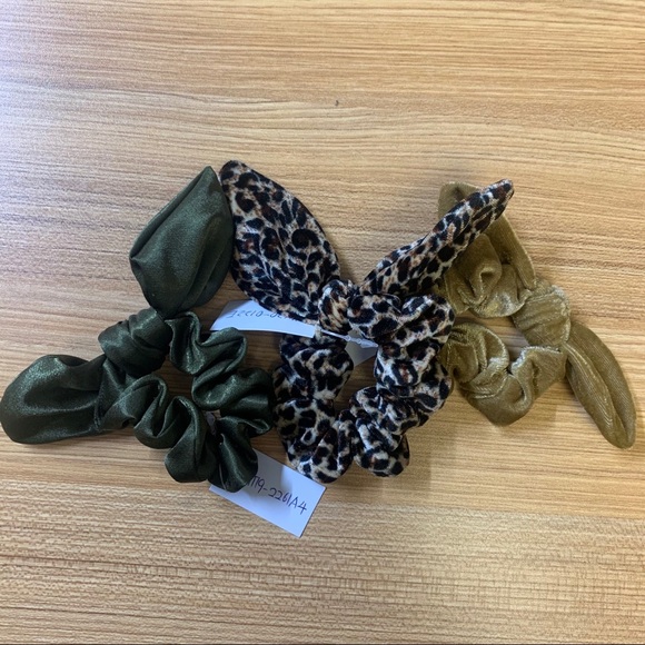 Set of 3 Bunny Ear Scrunchies - Leopard/Gold/Olive - Picture 2 of 6